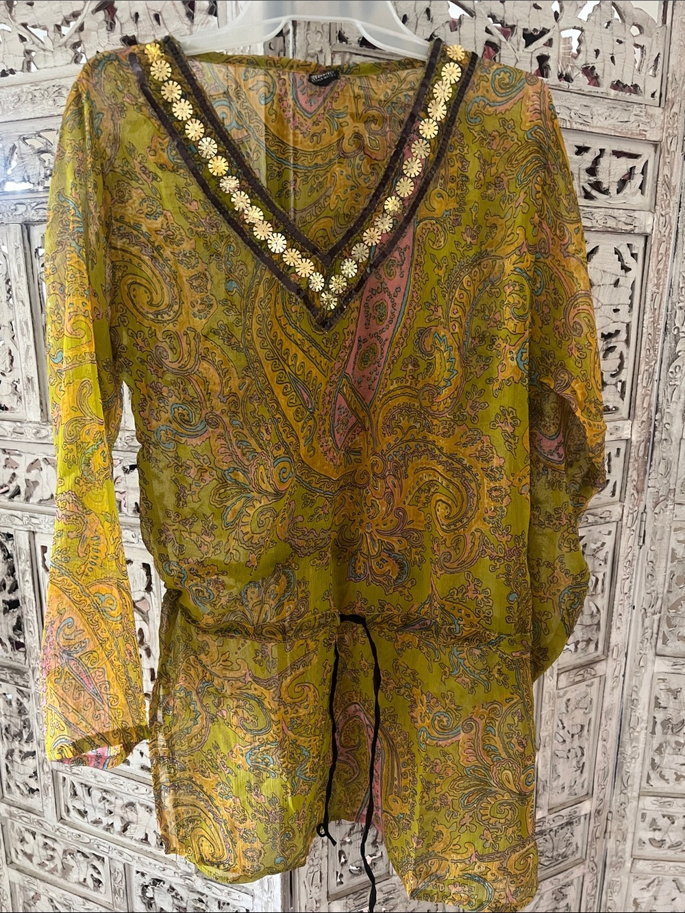 NEW Indian Boho Sz M Lightweight Tunic Sheer Blouse Colorful V-Neck Beaded Long